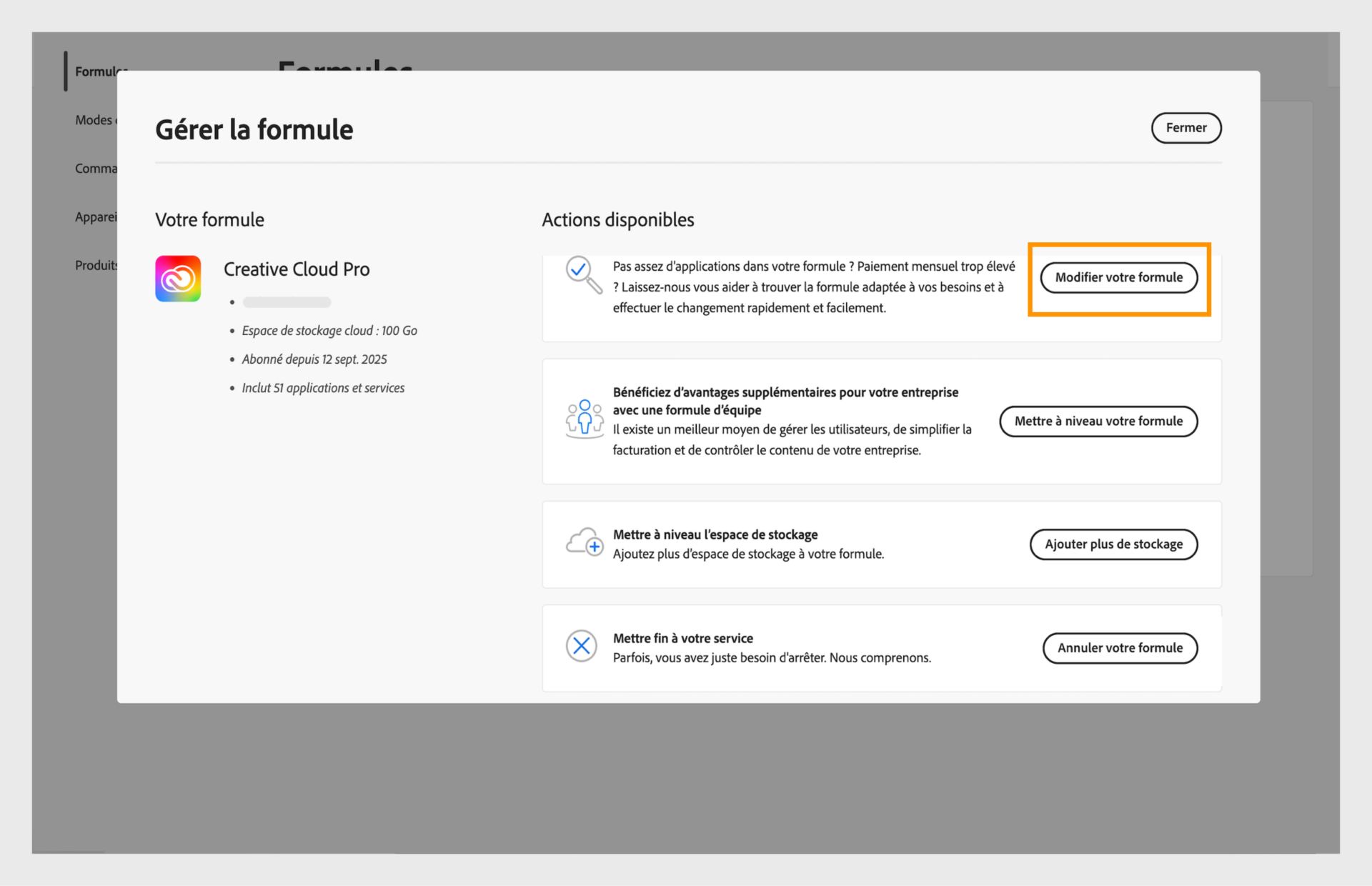 La fenêtre Gérer la formule affichant les actions disponibles, où le bouton Modifier votre formule est mis en surbrillance.