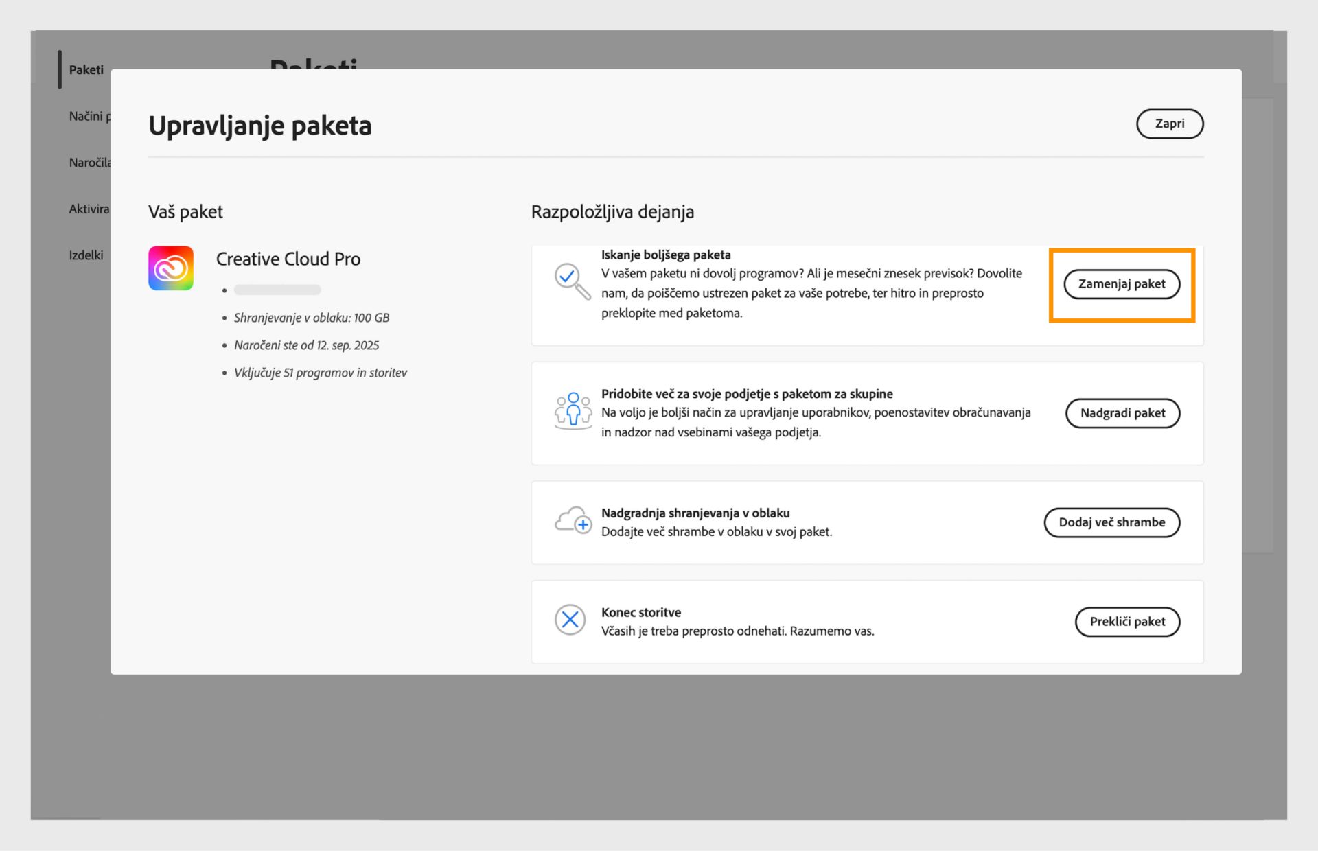Okno Upravljanje paketa prikazuje razpoložljiva dejanja, kjer je označen gumb za spremembo paketa.
