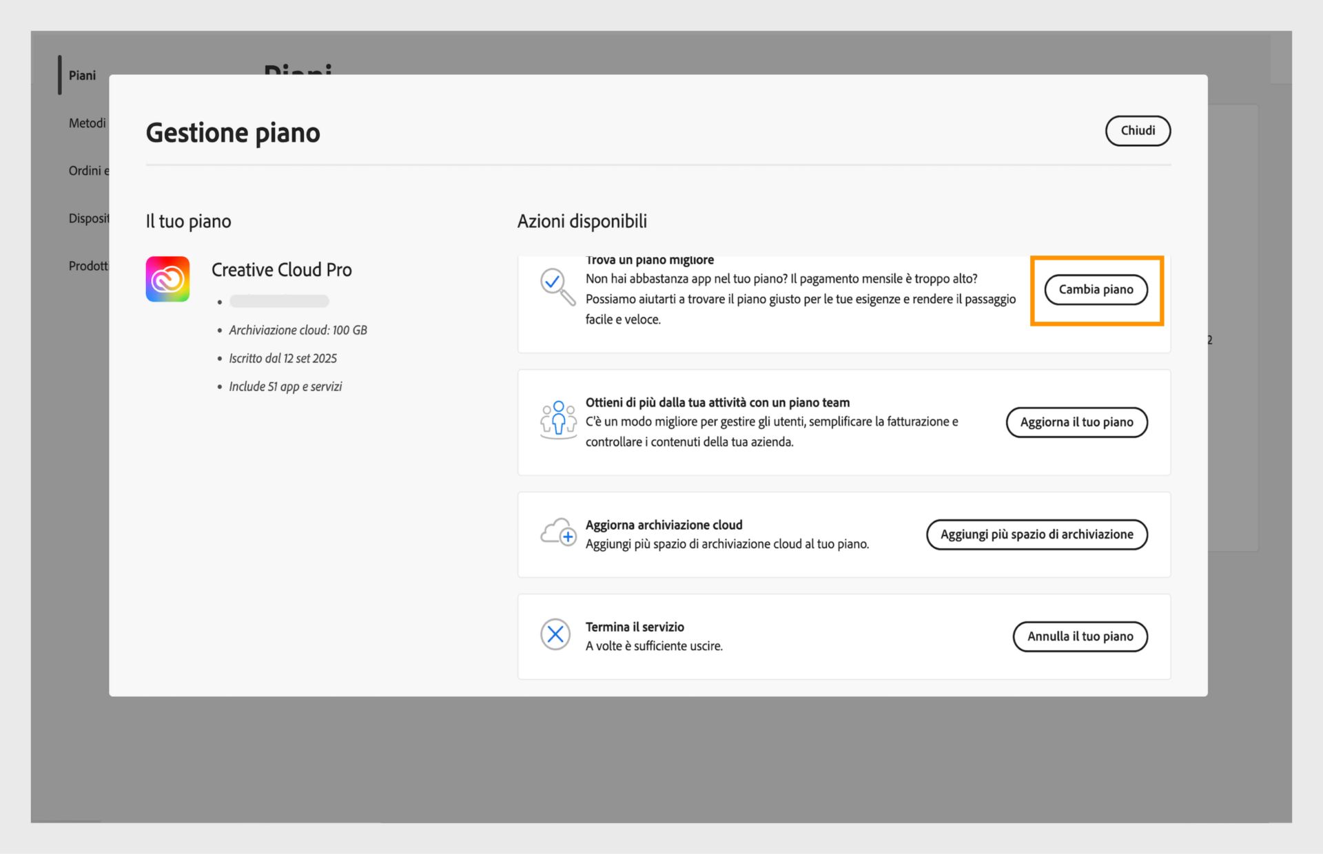 La finestra Gestisci piano che mostra le azioni disponibili, dove il pulsante Cambia il piano è evidenziato.