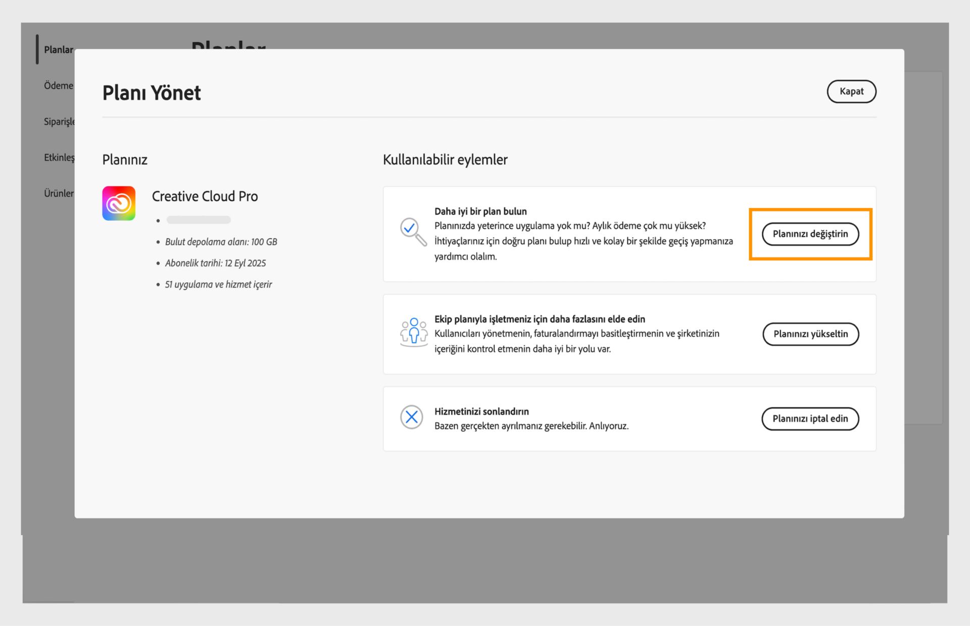 Planınızı değiştirin düğmesinin vurgulandığı, kullanılabilir eylemleri gösteren Planı Yönet penceresi.