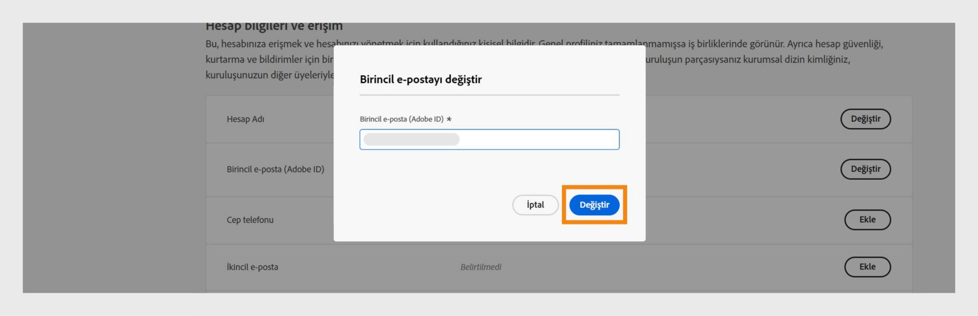 Yeni e-posta adresinin ekleneceği bir alan ve e-posta adresini değiştirme ya da işlemi iptal etme seçeneklerinin gösterildiği Birincil e-posta adresini değiştir penceresi. 