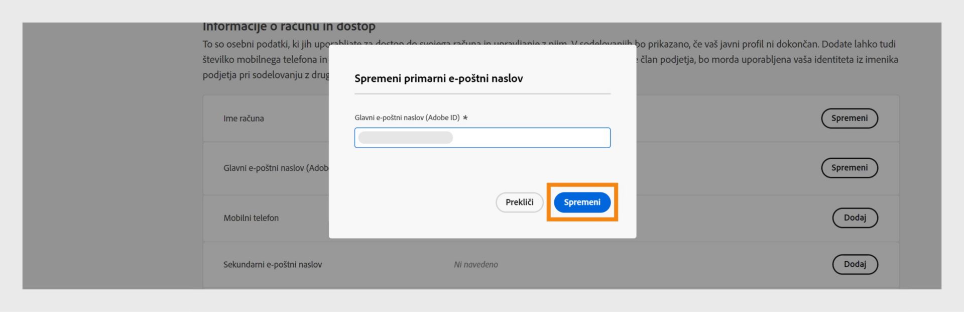 Okno »Sprememba glavnega e-poštnega naslova«, ki prikazuje polje za dodajanje novega e-poštnega naslova in možnosti za prehod na novi e-poštni naslov ter preklic postopka. 