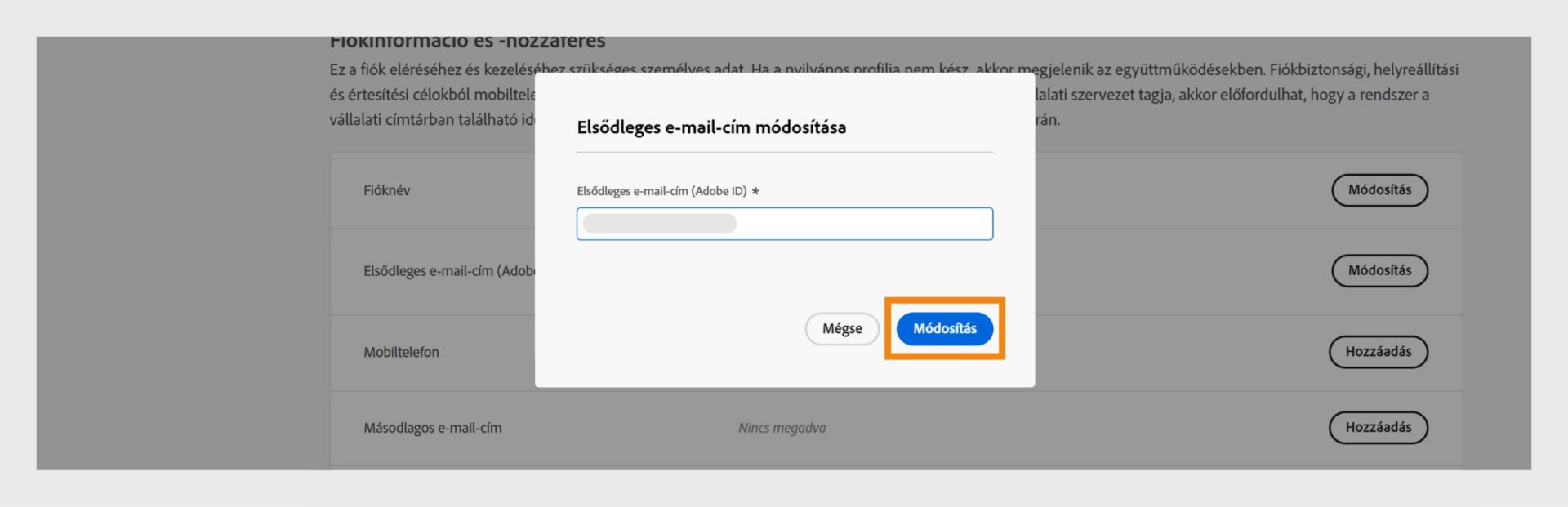 Az Elsődleges e-mail-cím módosítása ablakban látható egy mező az új e-mail-cím hozzáadásához, valamint az új e-mail-cím módosításának lehetőségei, valamint a folyamat megszakítása. 