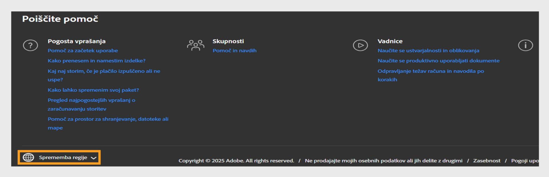 Podokno na spodnjem delu strani računa Adobe prikazuje razdelek za pomoč in možnost spremembe regije. 