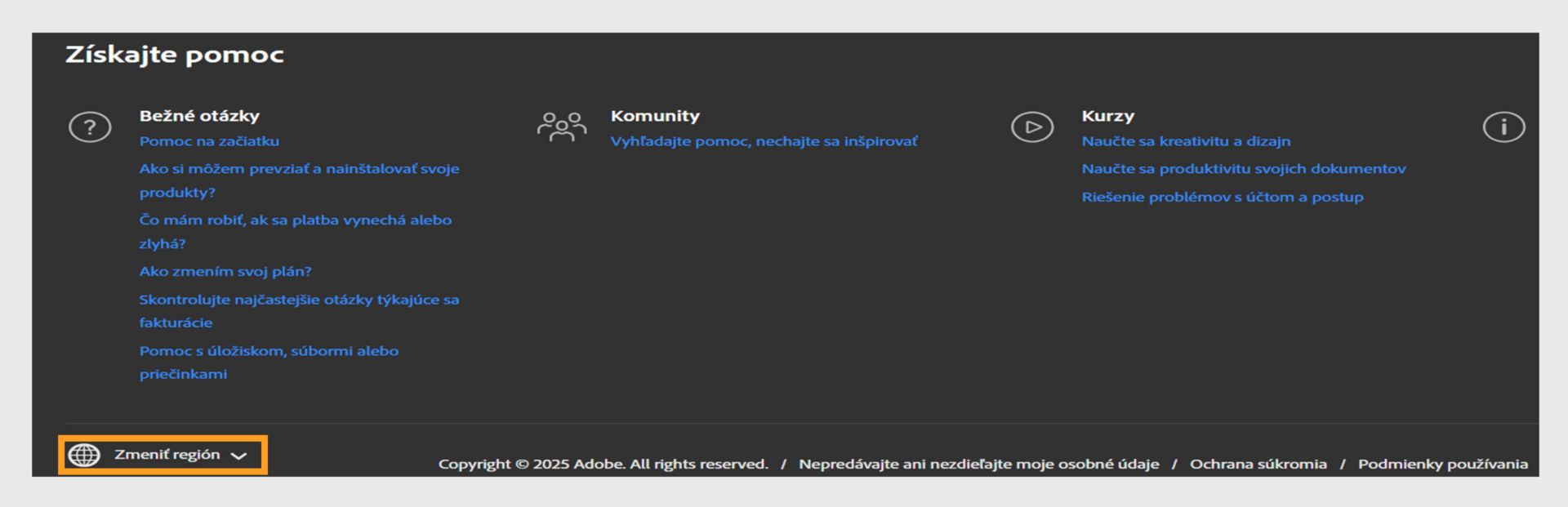 Na paneli v spodnej časti stránky Účet Adobe sa zobrazuje časť Získať pomoc a možnosť zmeniť oblasť. 