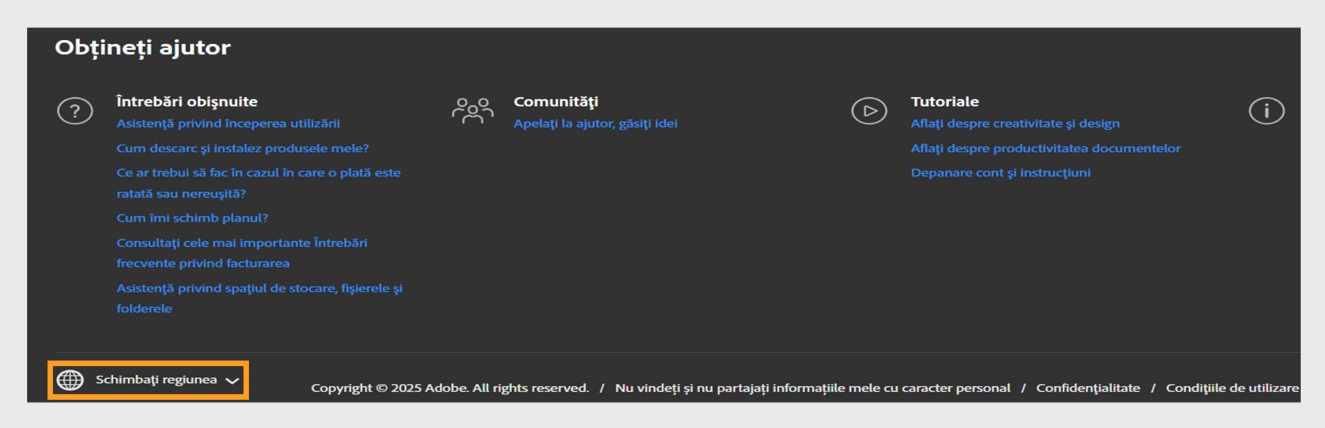 Panoul din partea de jos a paginii de cont Adobe afișează secțiunea Obțineți ajutor și opțiunea de a modifica regiunea. 