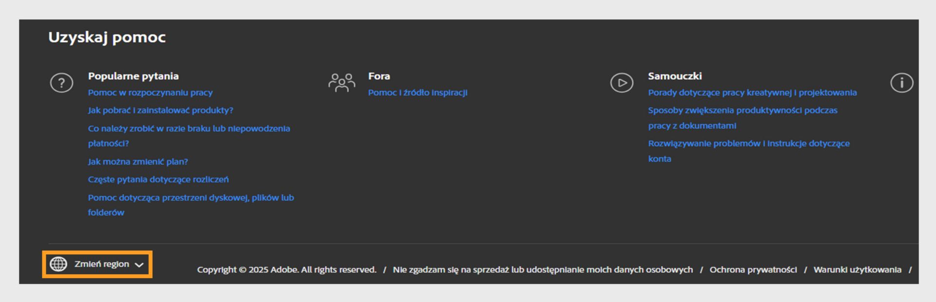 Panel u dołu strony konta Adobe pokazujący sekcję Uzyskaj pomoc i opcję zmiany regionu. 