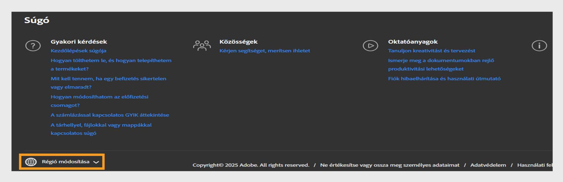 Az Adobe-fiók oldalának az alján található panel, amely a Segítségkérés részt és a régió megváltoztatásának lehetőségét mutatja. 