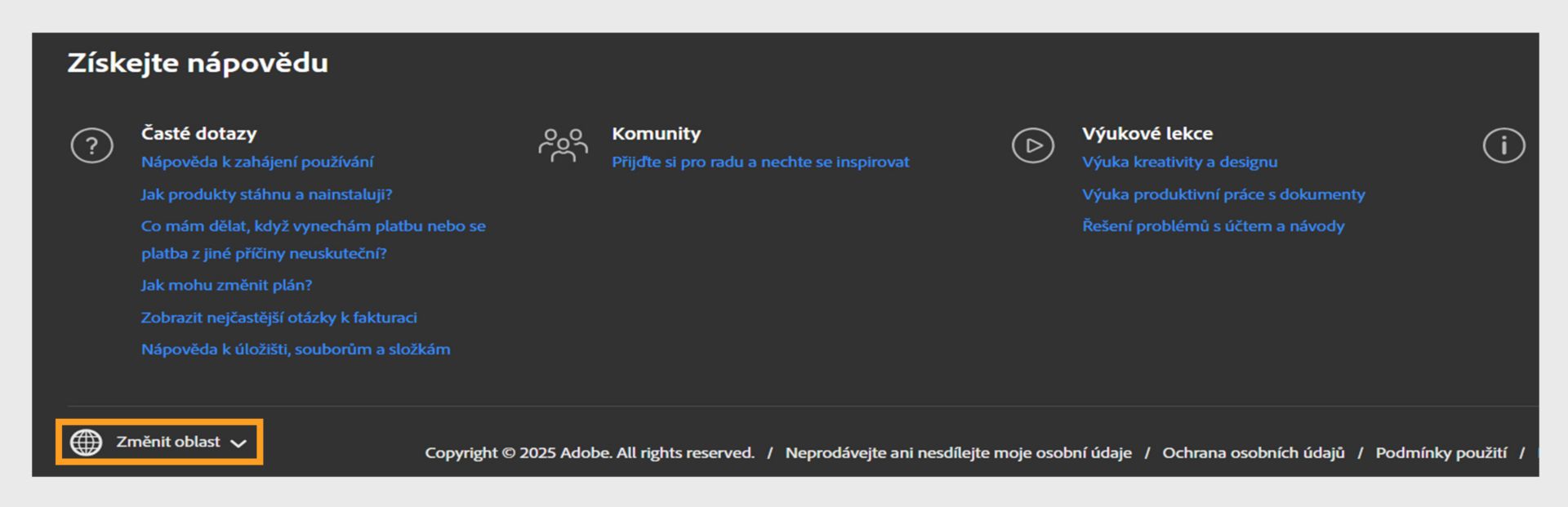 Na panelu v dolní části stránky účtu Adobe se zobrazuje část Získat nápovědu a možnost pro změnu oblasti. 