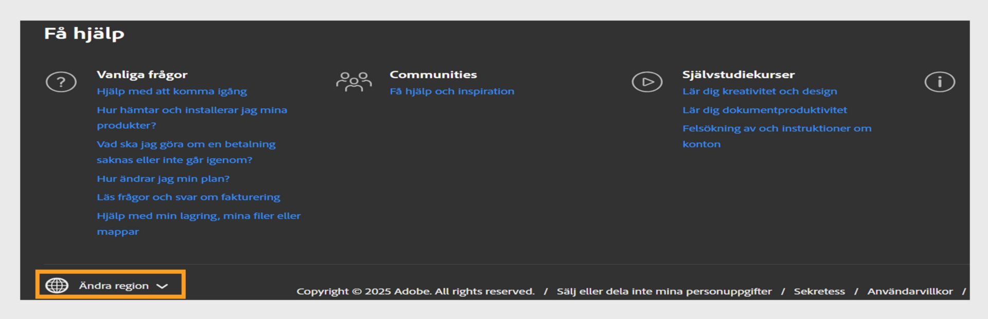 Panelen längst ner på Adobe-kontosidan visar avsnittet Hjälp och alternativet för att byta region. 
