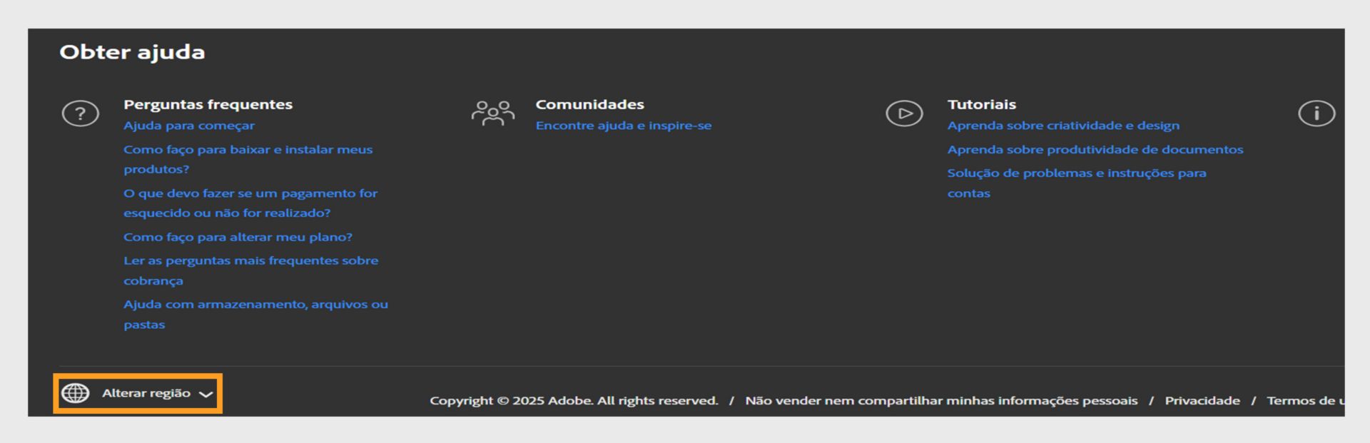 O painel na parte inferior da página da conta da Adobe mostra a seção Obter ajuda e a opção para alterar a região. 