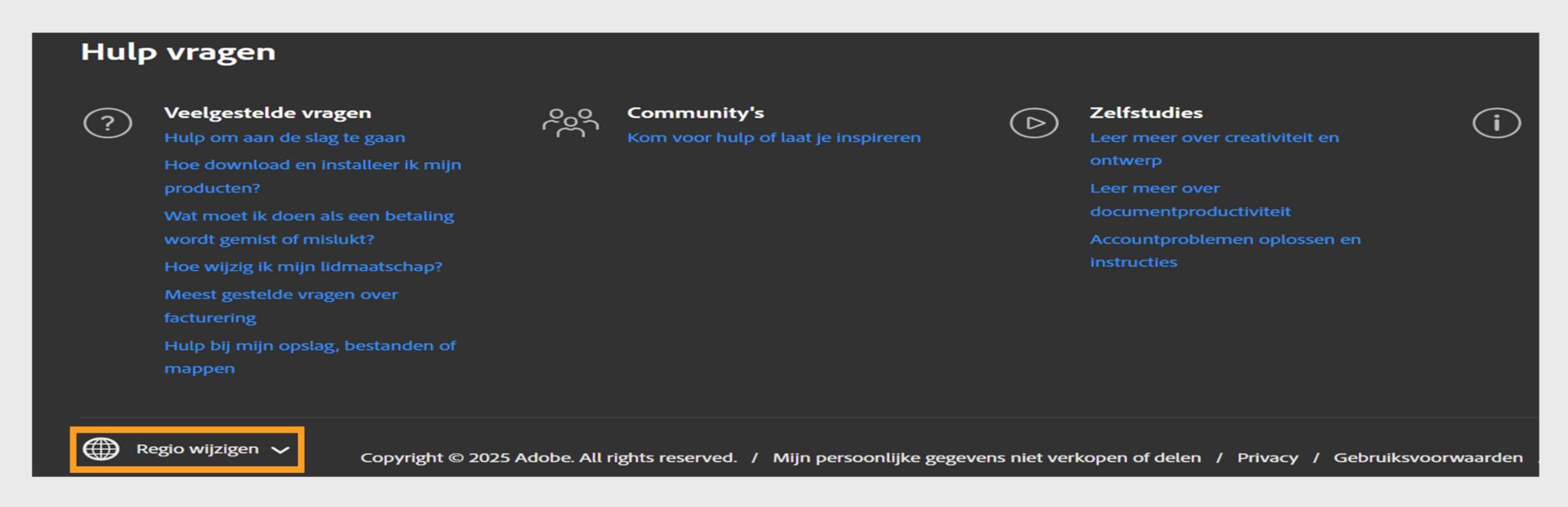 Het deelvenster onderaan de Adobe-accountpagina met de sectie Hulp en de optie om de regio te wijzigen. 