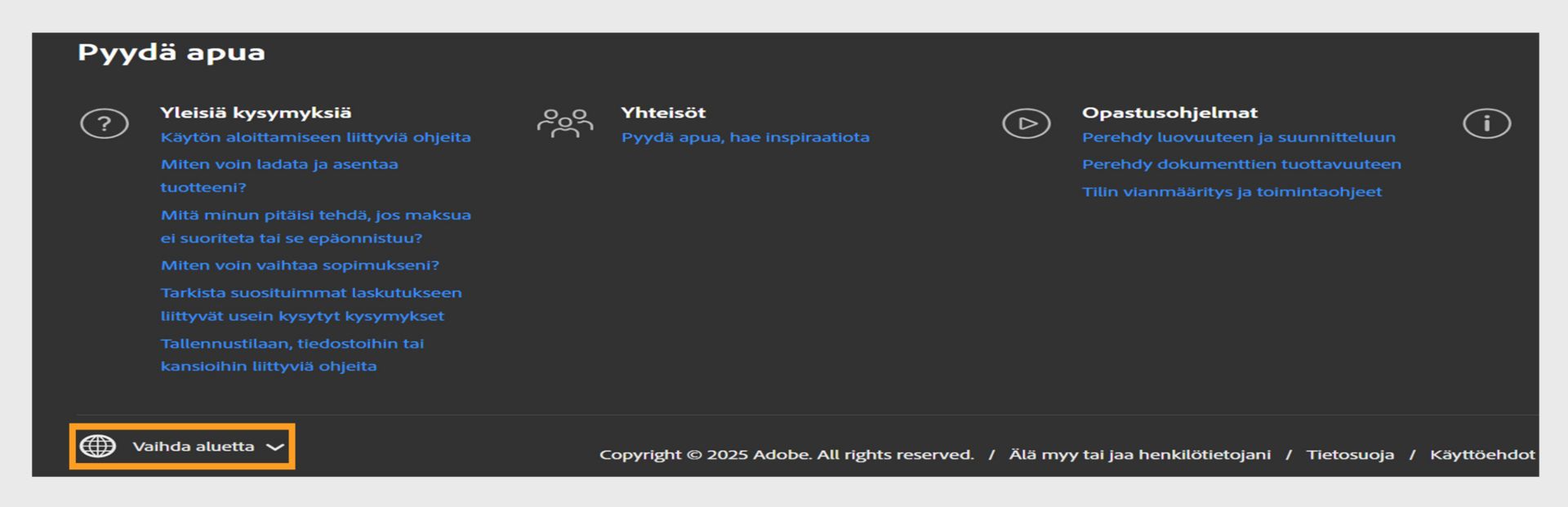 Adobe-tilin sivun alareunassa oleva paneeli, jossa näkyy Hanki ohje -osio ja mahdollisuus vaihtaa aluetta. 