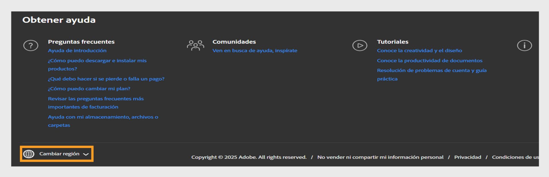 El panel situado en la parte inferior de la página Cuenta de Adobe muestra la sección Obtener ayuda y la opción para cambiar la región. 