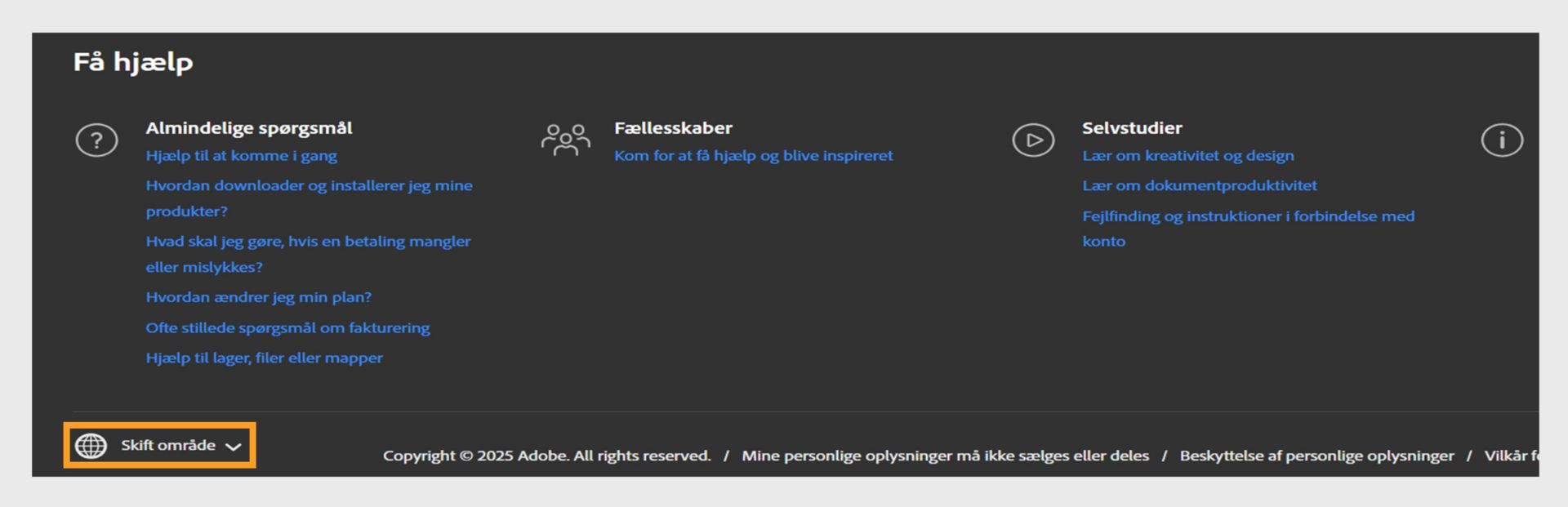 Panelet nederst på Adobe-kontosiden, der viser sektionen Få hjælp og muligheden for at skifte område. 