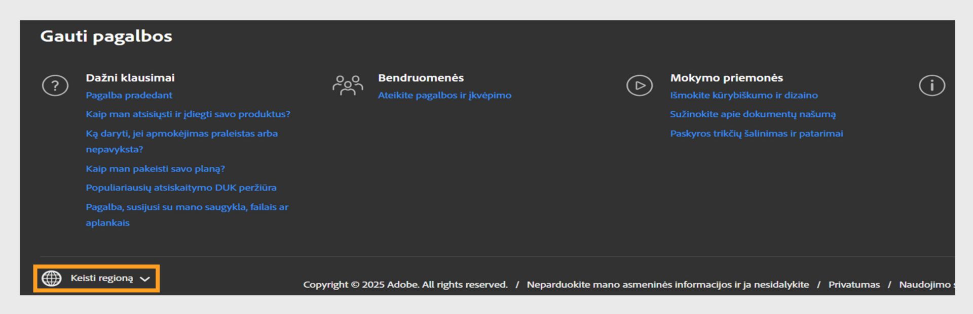 „Adobe“ paskyros puslapio apačioje esantis skydelis, kuriame rodomas skyrius „Gaukite pagalbos“ ir galimybė keisti regioną. 
