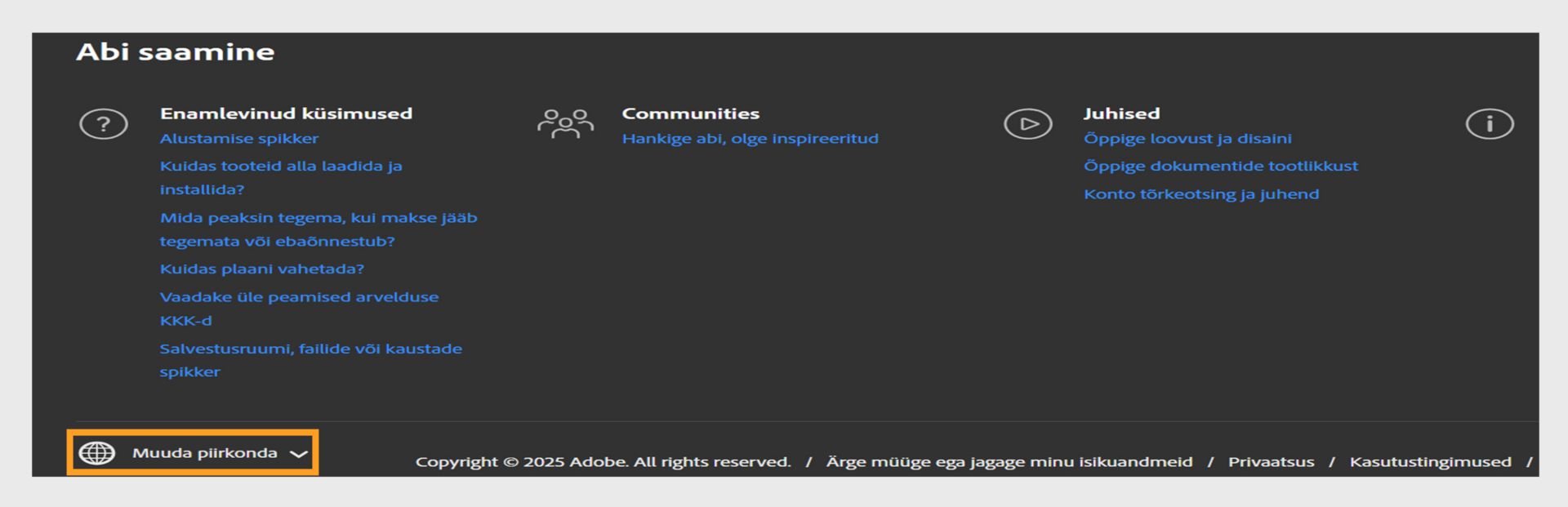 Adobe konto lehe allosas asuv paneel, mis näitab jaotist Get help ja valikut piirkonna muutmiseks. 