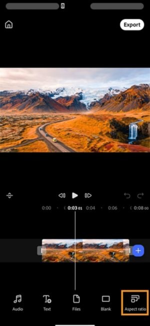 Aspect ratio button highlighted in the toolbar, with the project currently in 16:9 landscape format.