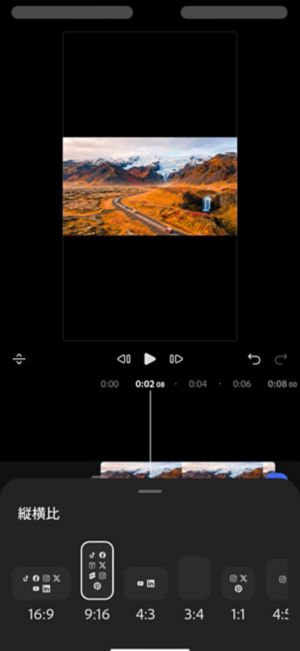 9:16 が選択された縦横比パネル。各比率のプラットフォームアイコンと共に、縦形式にレターボックス表示されたプレビューが表示されています。