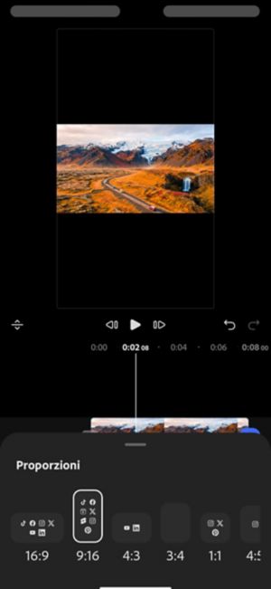 Pannello proporzioni con 9:16 selezionato, che mostra l'anteprima in formato verticale con icone della piattaforma per ogni proporzione.