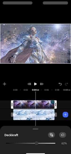 Der Deckkraft-Schieberegler ist auf 62 % eingestellt, wobei der obere Clip halbtransparent mit dem darunterliegenden Clip des vereisten Berges überblendet ist.