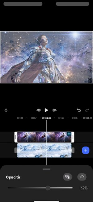 Cursore dell'opacità impostato al 62%, con la clip più in alto fusa in modo semitrasparente sopra la clip della montagna ghiacciata sottostante.