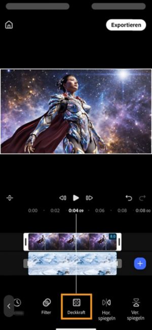 Der Deckkraft-Button ist in der Symbolleiste hervorgehoben, wobei der obere Clip noch vollständig deckend über der darunterliegenden Spur liegt.