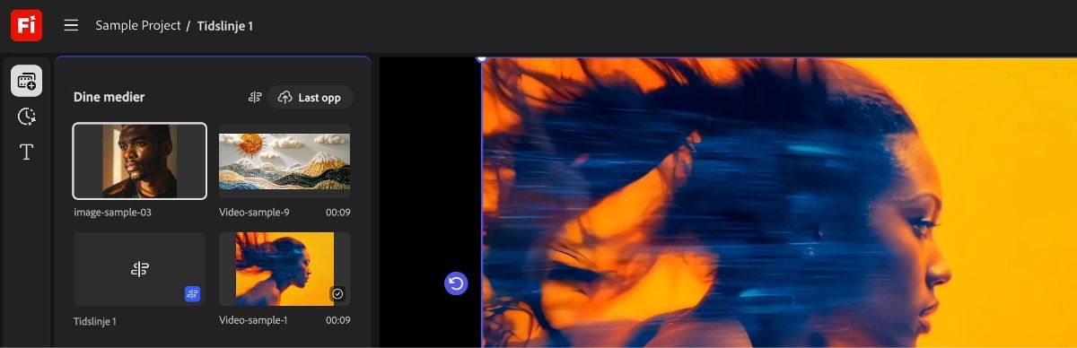 Dine medier-panelet er åpent og viser alle videoer som er lagt til samt tidslinjen.Det finnes alternativer for å søke i tidslinjen samt laste opp nye mediefiler. 