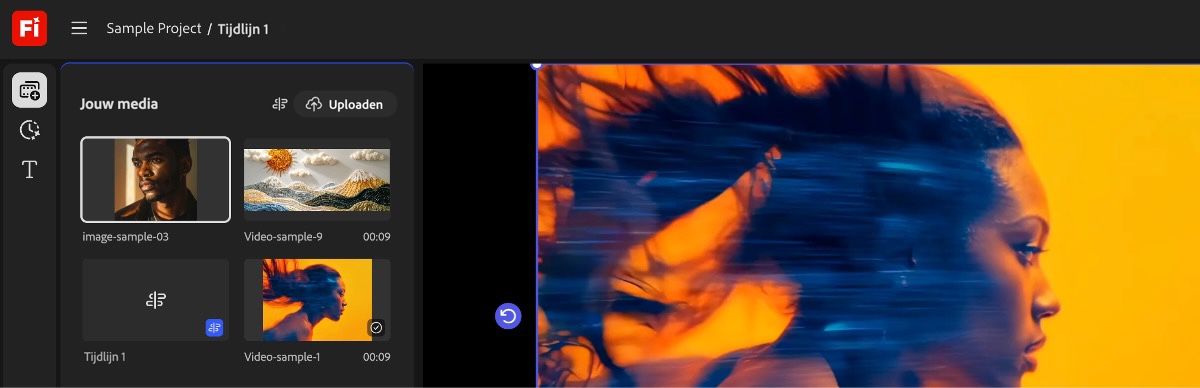 Het deelvenster Jouw media is geopend en toont alle toegevoegde video's en de tijdlijn.Er zijn opties om de tijdlijn te doorzoeken en nieuwe mediabestanden te uploaden.