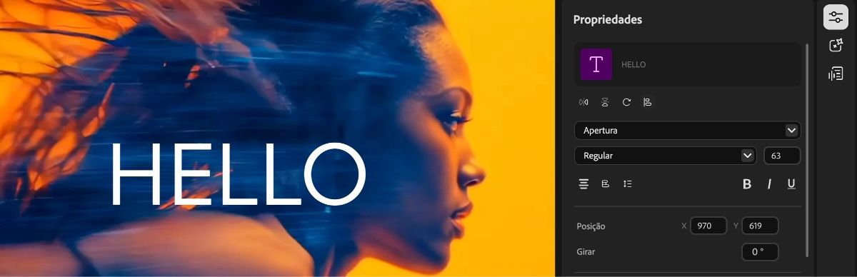 O painel Texto está aberto e há uma opção para adicionar uma camada de texto na linha do tempo.