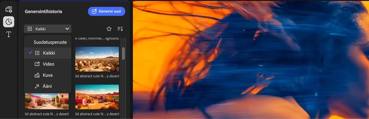 Media-paneeli on avattuna, ja kaikki lisätyt videot sekä aikajana ovat näkyvissä. Käytettävissäsi ovat valinnat aikajanahakua sekä uusien mediatiedostojen latausta varten. 