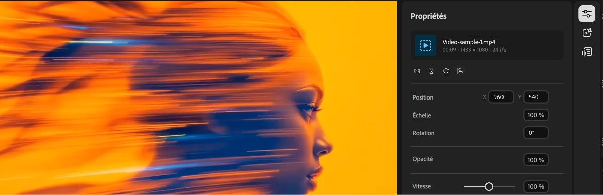Le panneau Propriétés affiche des options modifiables telles que la position, l’échelle, la rotation, l’opacité et la vitesse.