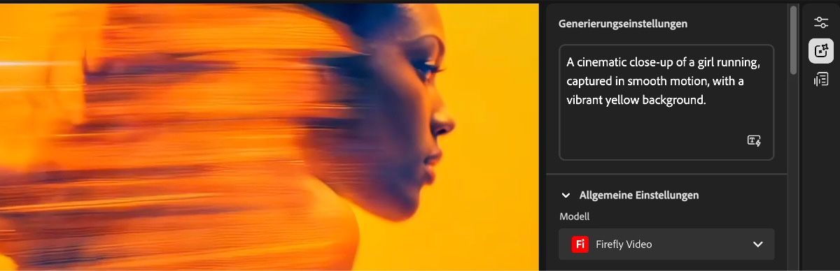 Im Editor wird das Bedienfeld „Generierungseinstellungen“ mit einem Beschreibungsfeld und einem Dropdown-Menü für die Modellauswahl angezeigt.