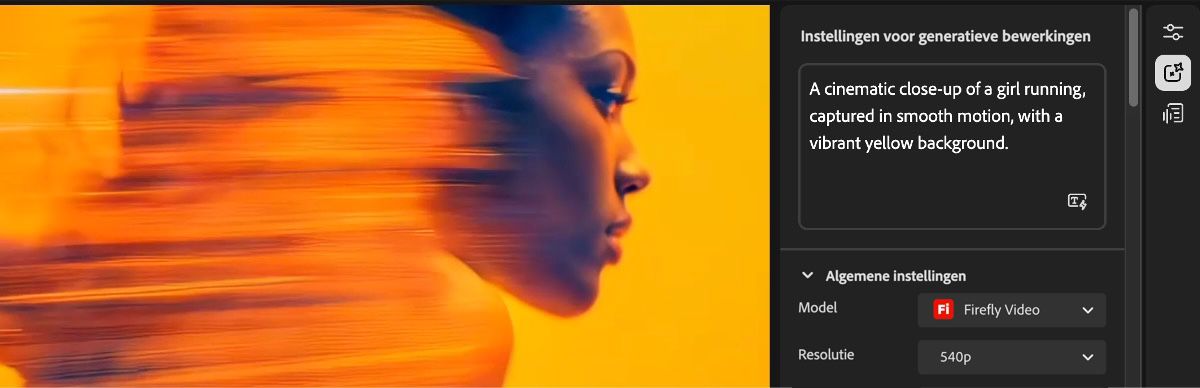 Editor toont het deelvenster Instellingen voor genereren met een opdrachtvak en een vervolgkeuzemenu voor modelselectie.