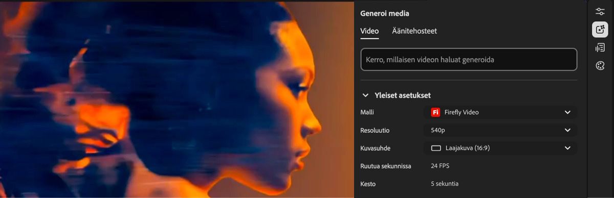 Editorin Generointiasetukset-paneelissa on kehoteruutu, ja avattavasta valikosta voi valita käytettävän mallin.