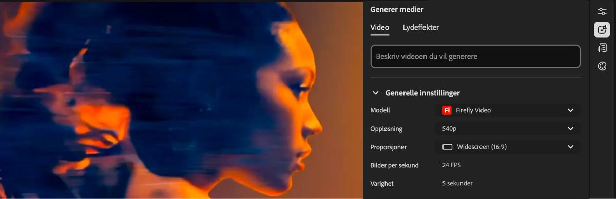 Redigeringsverktøyet viser Genereringsinnstillinger-panelet med en hjelpetekstboks og en rullegardinmeny for modellvalg.