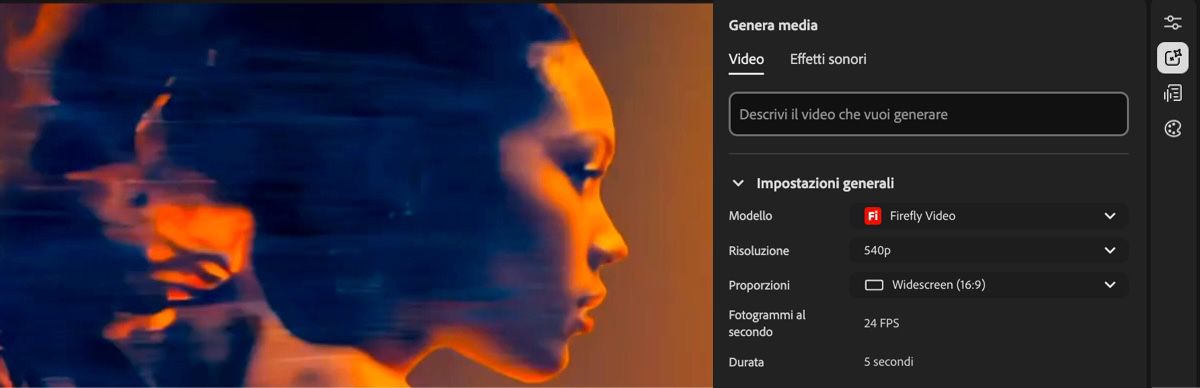 L'editor mostra il pannello Impostazioni di generazione con una casella prompt e un menu a discesa per la selezione del modello.