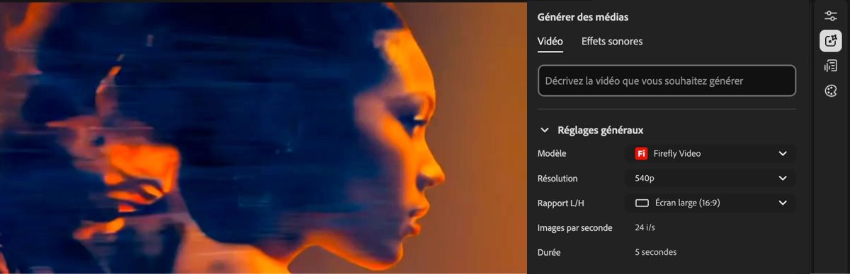 L’éditeur affiche le panneau Paramètres de génération avec une zone de prompt et un menu déroulant de sélection de modèle.