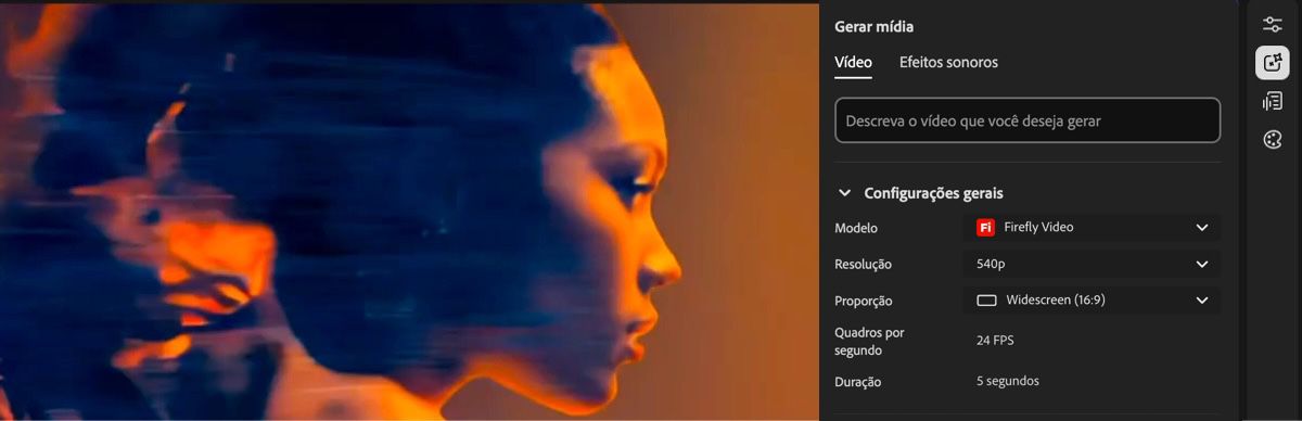 O editor exibe o painel Configurações de geração com uma caixa de prompt e um menu suspenso de seleção de modelo.