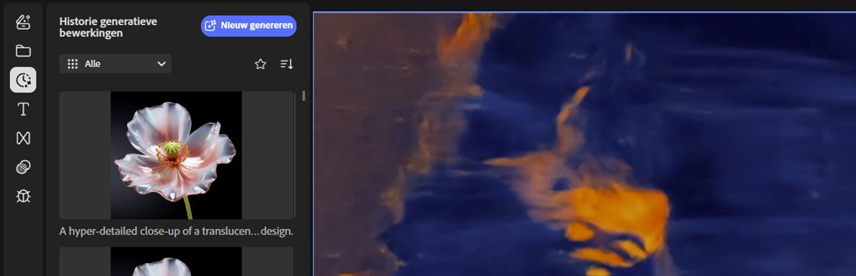 Het deelvenster Generatiehistorie toont alle eerder gegenereerde content en biedt de optie om te filteren op mediatype.