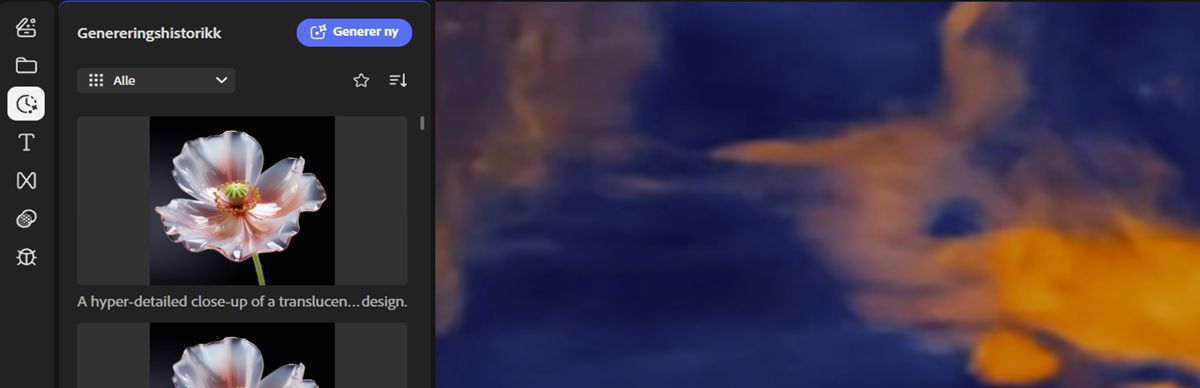 Genereringshistorikkpanelet viser alt tidligere generert innhold og viser muligheten til å filtrere det etter medietype.