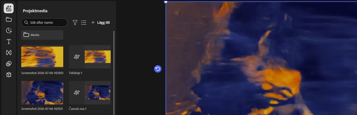Panelen Dina media är öppen och den listar alla tillagda videor samt tidslinjen. Det finns alternativ för att söka i tidslinjen samt överföra nya mediafiler. 