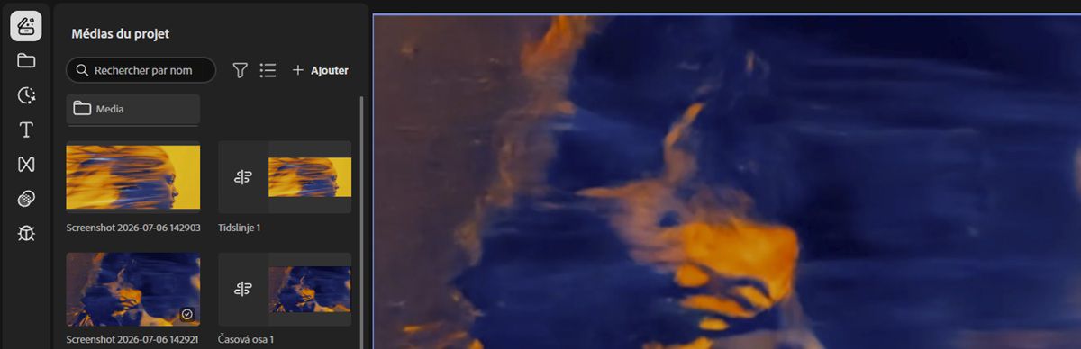 Le panneau Vos médias est ouvert et répertorie toutes les vidéos ajoutées ainsi que le montage. Il propose des options de recherche dans le montage et de chargement de nouveaux fichiers média. 