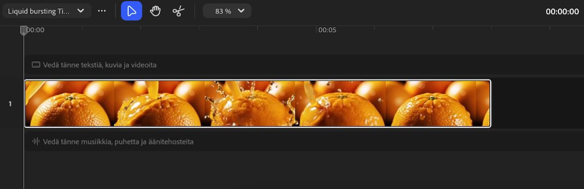 Aikajana-paneeli Fireflyssa näyttää videoleikesarjan. Siinä on toisto-ohjaimet sekä video- ja ääniraidat.