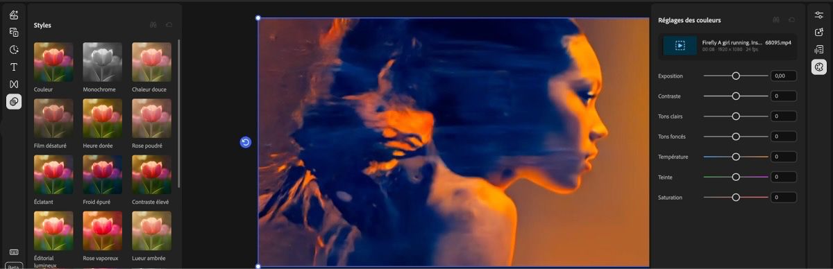 L’éditeur de vidéos affiche les paramètres prédéfinis Looks à gauche et les curseurs de réglages des couleurs à droite, avec un aperçu vidéo au centre.