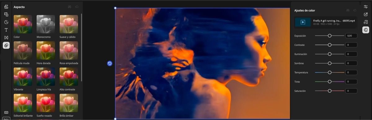 El editor de vídeo muestra los ajustes preestablecidos de Looks a la izquierda y los reguladores de Ajustes de color a la derecha con una previsualización de vídeo en el centro.
