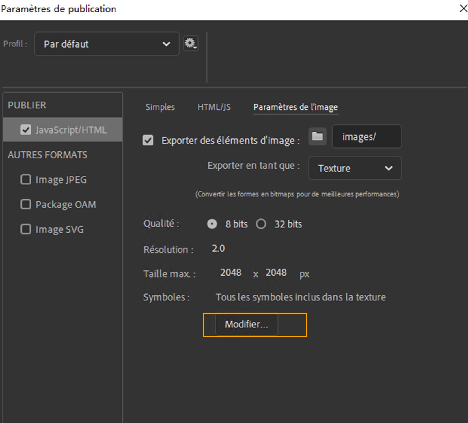 Modification de la sélection partielle des symboles