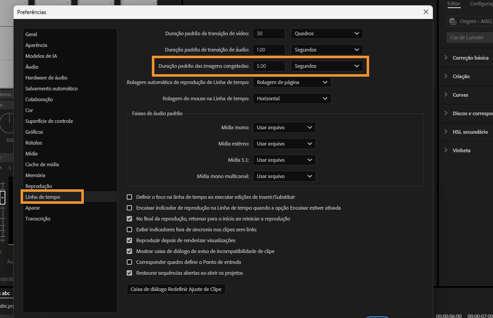 A caixa de diálogo “Preferências” aberta com opções para definir a duração padrão de imagens estáticas.