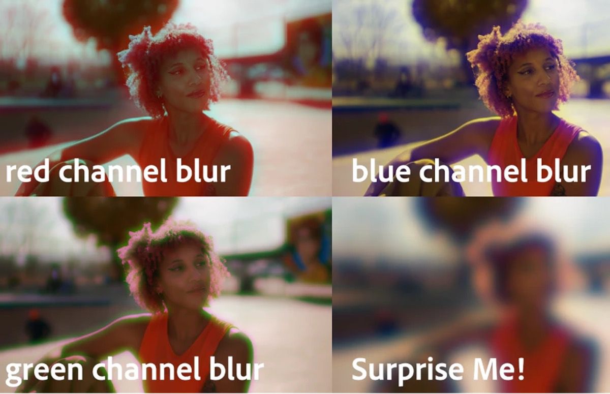 Four images showing red, blue, green, and combined channel blur applied to a portrait.