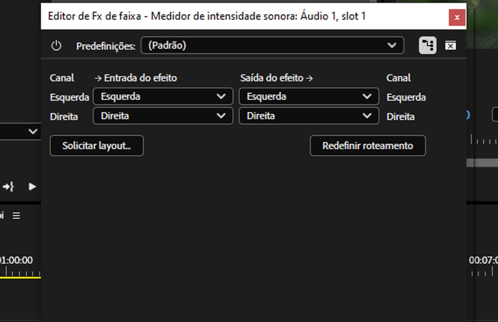 A caixa de diálogo do editor de mapa de canais aberta com opções para melhorar a qualidade do áudio. 